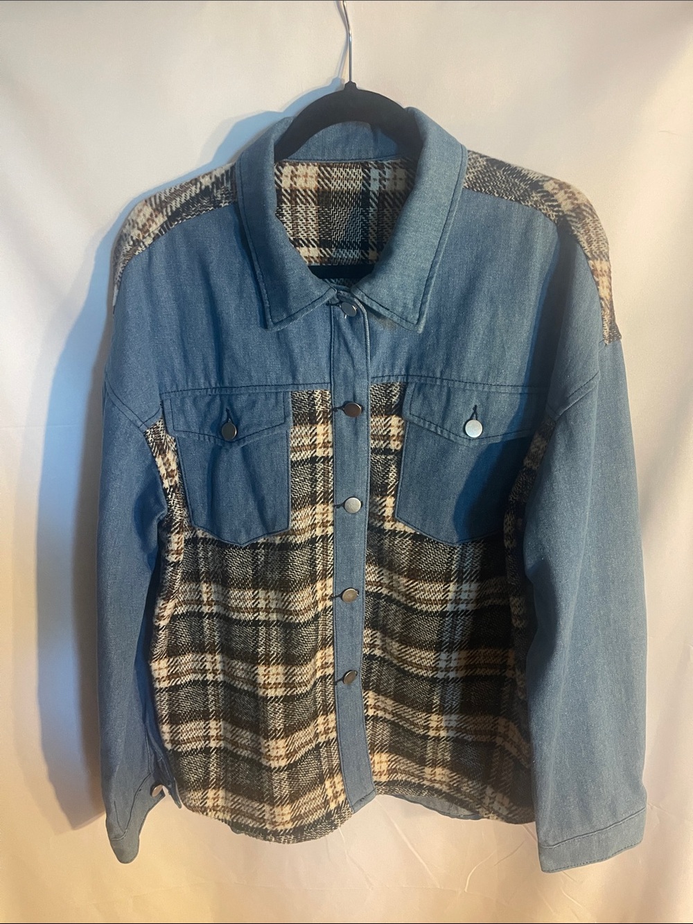 Denim & Plaid Mixed-Media Jacket - Blue